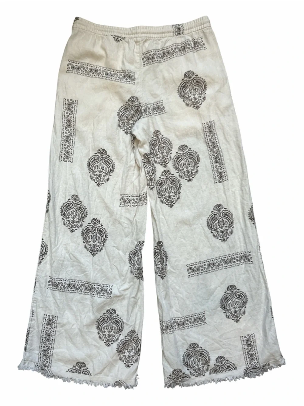 H&M Cream Paisley Linen Blend Wide-Leg Pants Drawstring Frayed Hem Size XS